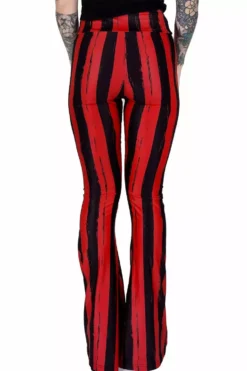 Distressed Striped Hellz Bellz Bell Bottoms [BLACK/RED] -Creepsville Horror Shop Emo Valentines day Leggings