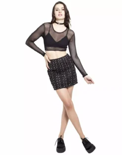 Tripp NYC Long Sleeve Crop Fishnet Top -Creepsville Horror Shop FN4617 BLK FL