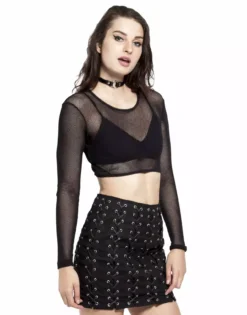 Tripp NYC Long Sleeve Crop Fishnet Top -Creepsville Horror Shop FN4617 BLK S