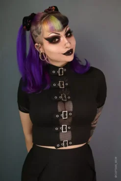 Winona Buckle Top -Creepsville Horror Shop Goth Fishnet Crop Top