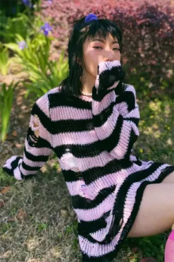 Pastel Pink/Black Striped Distressed Sweater -Creepsville Horror Shop Ha0112ff0b1e241de880a87500ce0e14etcopy