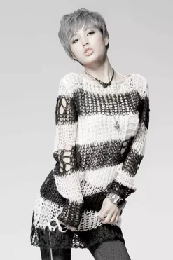 Punk Rave Damage Striped Sweater [Black/White] -Creepsville Horror Shop IMG 4767
