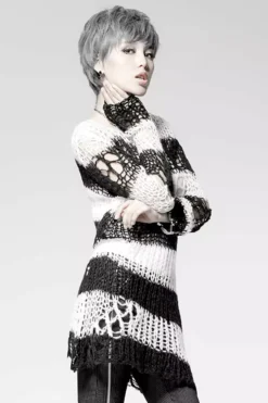 Punk Rave Damage Striped Sweater [Black/White] -Creepsville Horror Shop IMG 4774