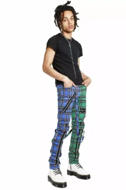 Tripp Split Leg Bondage Pants [Blue/Green Plaid] -Creepsville Horror Shop IS103MP BLUGRNPLD FL