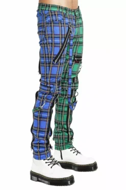 Tripp Split Leg Bondage Pants [Blue/Green Plaid] -Creepsville Horror Shop IS103MP BLUGRNPLD S