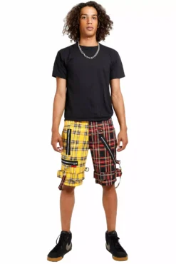 Tripp Split Bondage Shorts [Black/Yellow Plaid] -Creepsville Horror Shop IS7173P YELLBLKPLD FULL