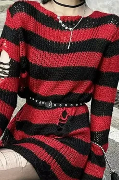 Red/Black Striped Distressed Sweater -Creepsville Horror Shop L g0159834953 000copy