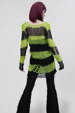 Bleed Green Striped Sweater [BLACK/GREEN] -Creepsville Horror Shop Neon Green Punk Top