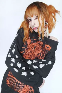 Haunted Mansion Sweatshirt [Pumpkin Orange] -Creepsville Horror Shop Pumpkin Orange Gothic Shirt for Women