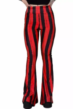 Distressed Striped Hellz Bellz Bell Bottoms [BLACK/RED] -Creepsville Horror Shop Red Emo Striped Flares