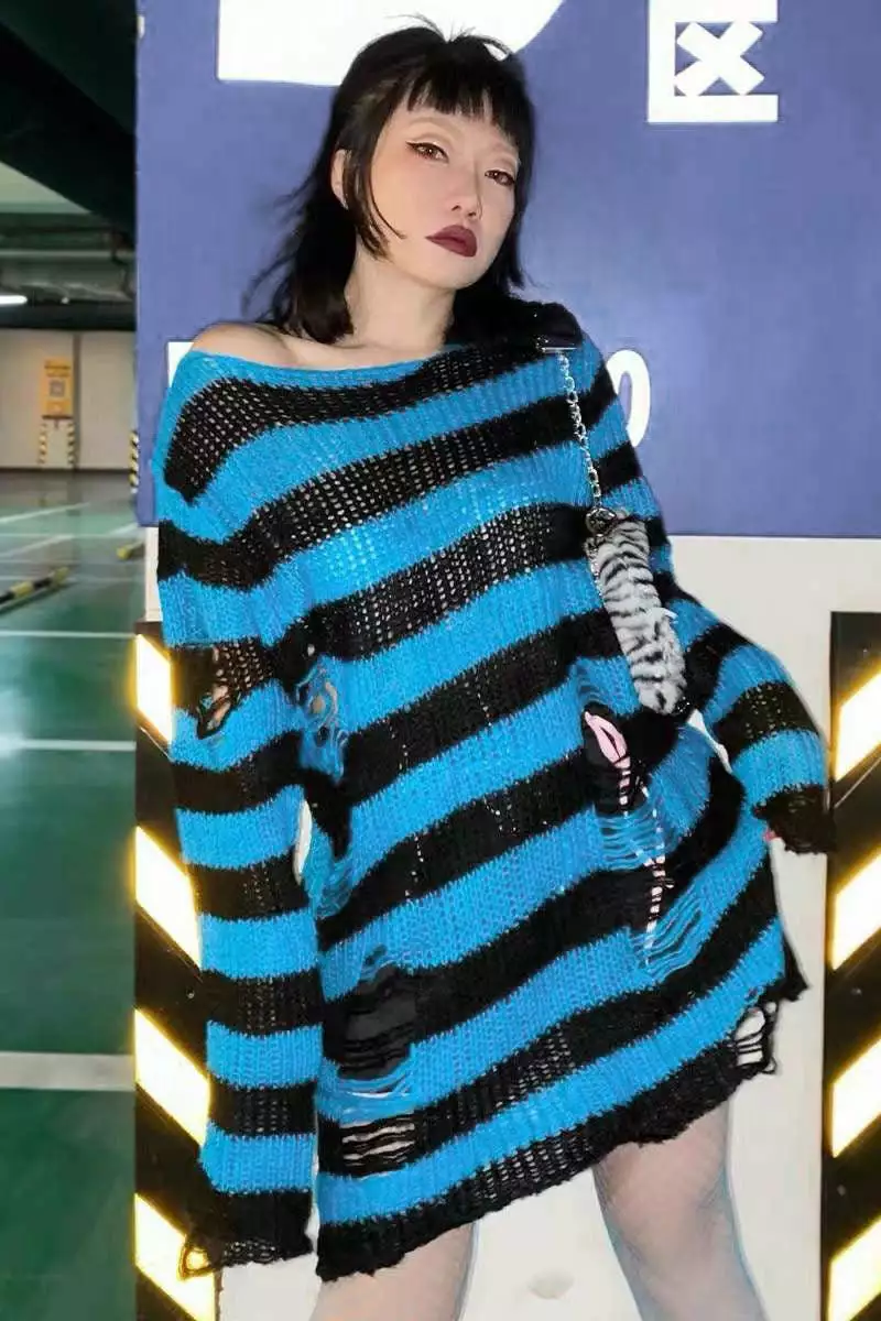Pastel Blue/Black Striped Distressed Sweater 4 Pastel Blue/Black Striped Distressed Sweater - Image 2