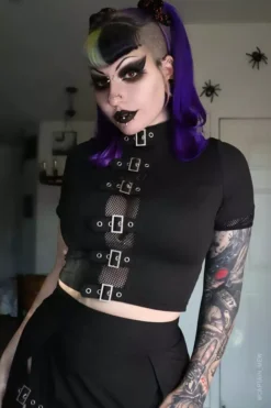 Winona Buckle Top -Creepsville Horror Shop Sexy Gothic Mesh Crop