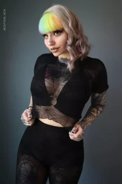 Spiderweb Mesh Short Sleeve Crop Top -Creepsville Horror Shop Sexy Womens Crop Top