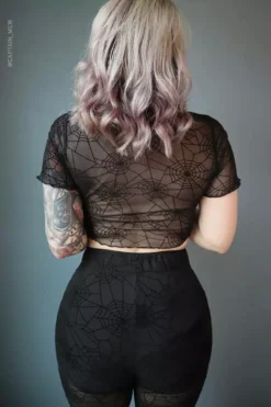 Spiderweb Mesh Short Sleeve Crop Top -Creepsville Horror Shop Spiderweb Crop Top