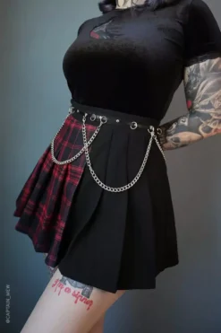 Tartan Pleated Chain Mini Skirt -Creepsville Horror Shop Tartan chain pleated skirt3 600x