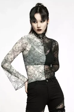 Ghost Bones Mismatched Mesh Top [BLACK/WHITE] -Creepsville Horror Shop WT 727TCF BW 03