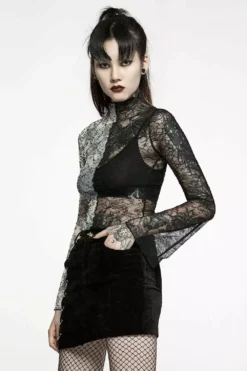 Ghost Bones Mismatched Mesh Top [BLACK/WHITE] -Creepsville Horror Shop WT 727TCF BW 07