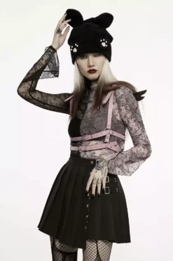 Pink Stitches Mismatched Mesh Top [BLACK/PINK] -Creepsville Horror Shop WT 727TCF PINK 04jpg