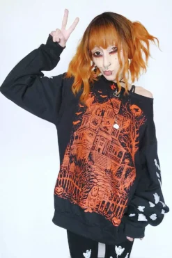 Haunted Mansion Sweatshirt [Pumpkin Orange] -Creepsville Horror Shop Womens Haunted Mansion Oversized Shirt