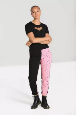 Duo Bat Jeans [PINK] -Creepsville Horror Shop Womens High Waisted Pastel Goth Pants