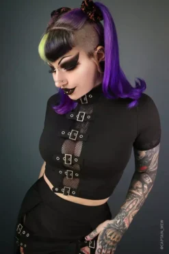 Winona Buckle Top -Creepsville Horror Shop Womens Mesh Goth Crop Top