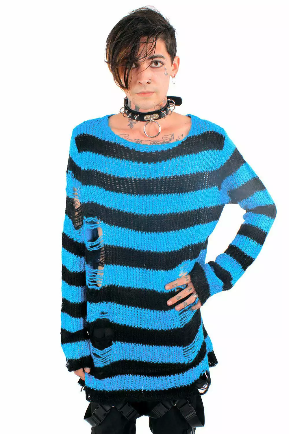 Pastel Blue/Black Striped Distressed Sweater 5 Pastel Blue/Black Striped Distressed Sweater - Image 3