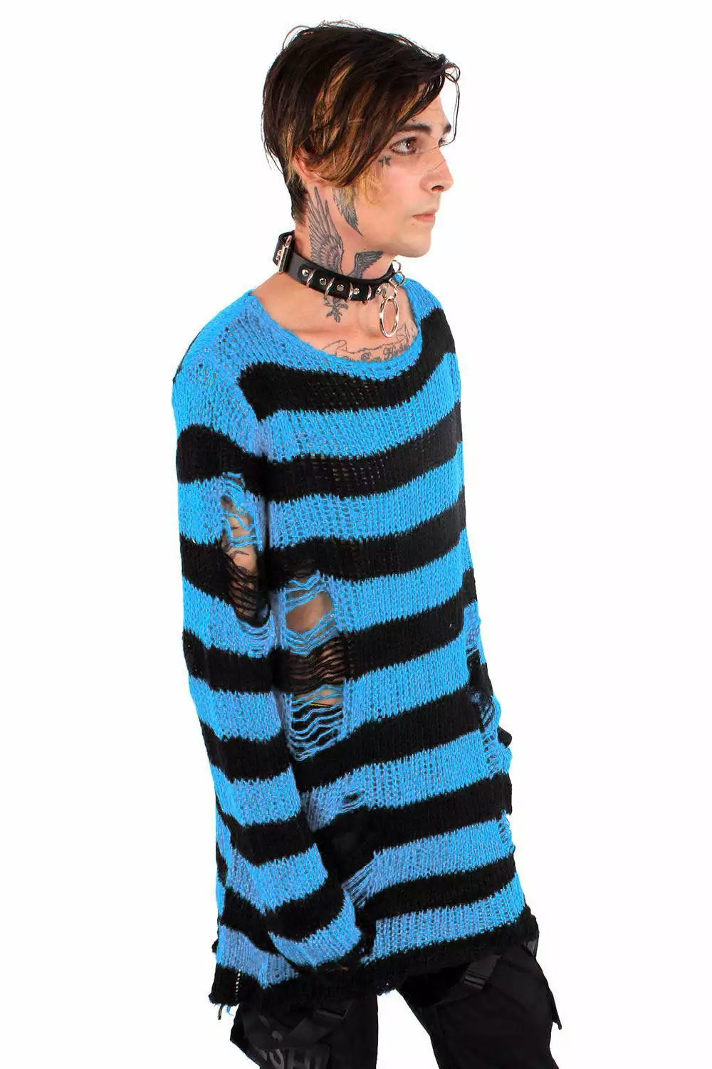 Pastel Blue/Black Striped Distressed Sweater 3 Pastel Blue/Black Striped Distressed Sweater