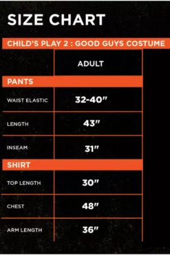 TRICK OR TREAT STUDIOS Child's Play - Good Guy Costume [Adult] -Creepsville Horror Shop childsplay2 goodguys size chart 1