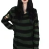 Dark Forest Green/Black Striped Distressed Sweater -Creepsville Horror Shop dark green sweater