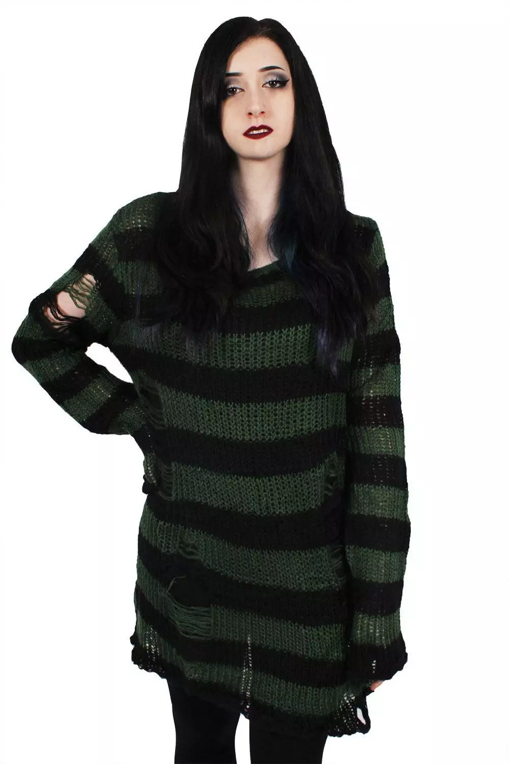 Dark Forest Green/Black Striped Distressed Sweater 3 Dark Forest Green/Black Striped Distressed Sweater