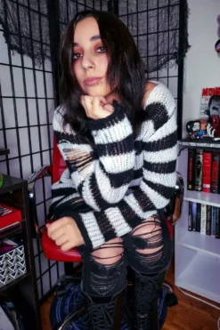 White/Black Striped Distressed Sweater -Creepsville Horror Shop emo tim burton sweater