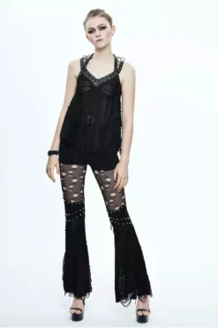 Mourn Distressed Fishnet Flared Pants