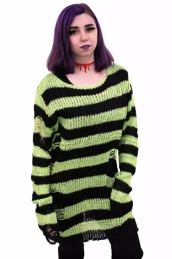 Neon Green/Black Striped Distressed Sweater -Creepsville Horror Shop green stripe 01
