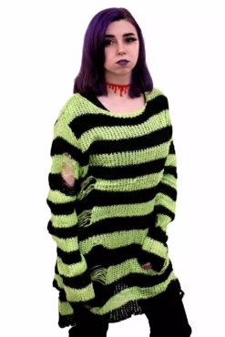 Neon Green/Black Striped Distressed Sweater -Creepsville Horror Shop green stripe 02