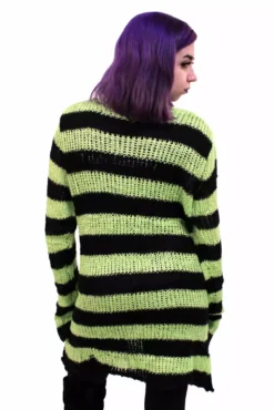 Neon Green/Black Striped Distressed Sweater -Creepsville Horror Shop green stripe 03