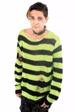 Neon Green/Black Striped Distressed Sweater -Creepsville Horror Shop green sweater 02