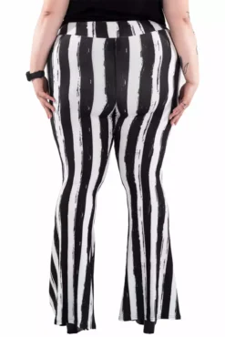 Distressed Beetlejuice Striped Hellz Bellz Bell Bottoms [BLACK/WHITE] -Creepsville Horror Shop grtytryht