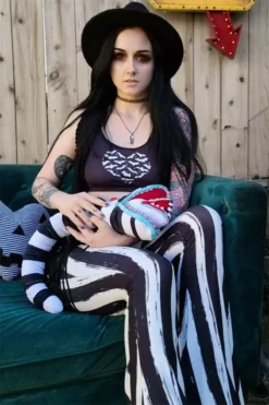 Distressed Beetlejuice Striped Hellz Bellz Bell Bottoms [BLACK/WHITE] -Creepsville Horror Shop hhjtrhtrhrthr