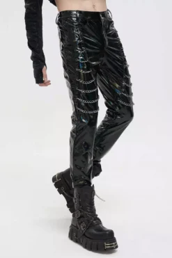 Holographic Hell Leather Pants -Creepsville Horror Shop mens leather skinny jeans