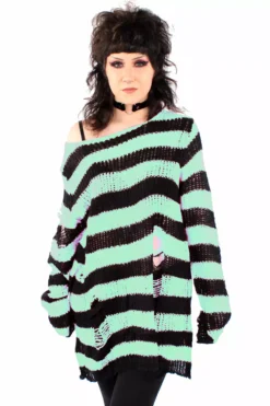 Mint/Black Striped Distressed Sweater