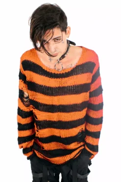 Pumpkin Orange/Black Striped Distressed Sweater
