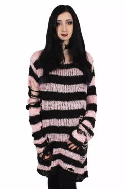 Pastel Pink/Black Striped Distressed Sweater -Creepsville Horror Shop pastel pink sweater