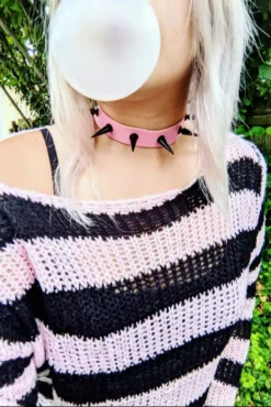 Pastel Pink/Black Striped Distressed Sweater -Creepsville Horror Shop pbswea