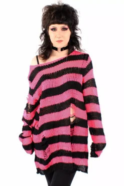 Hot Pink/Black Striped Distressed Sweater -Creepsville Horror Shop pink sweater 02 c6f05328 6a31 42a7 9e27 5aaa5c9b5658