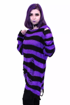 Purple/Black Striped Distressed Sweater -Creepsville Horror Shop purple 02