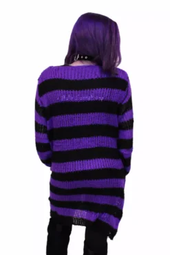 Purple/Black Striped Distressed Sweater -Creepsville Horror Shop purple 03