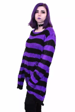 Purple/Black Striped Distressed Sweater -Creepsville Horror Shop purple 04