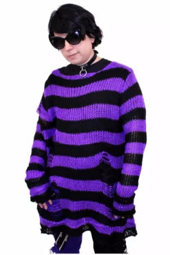 Purple/Black Striped Distressed Sweater -Creepsville Horror Shop purple 05