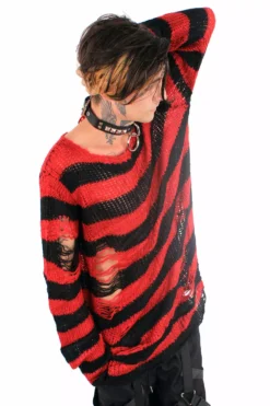 Red/Black Striped Distressed Sweater -Creepsville Horror Shop red sweater 03