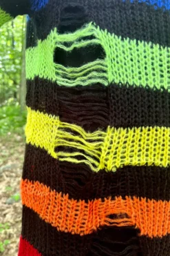 Black Rainbow Striped Distressed Sweater -Creepsville Horror Shop tret
